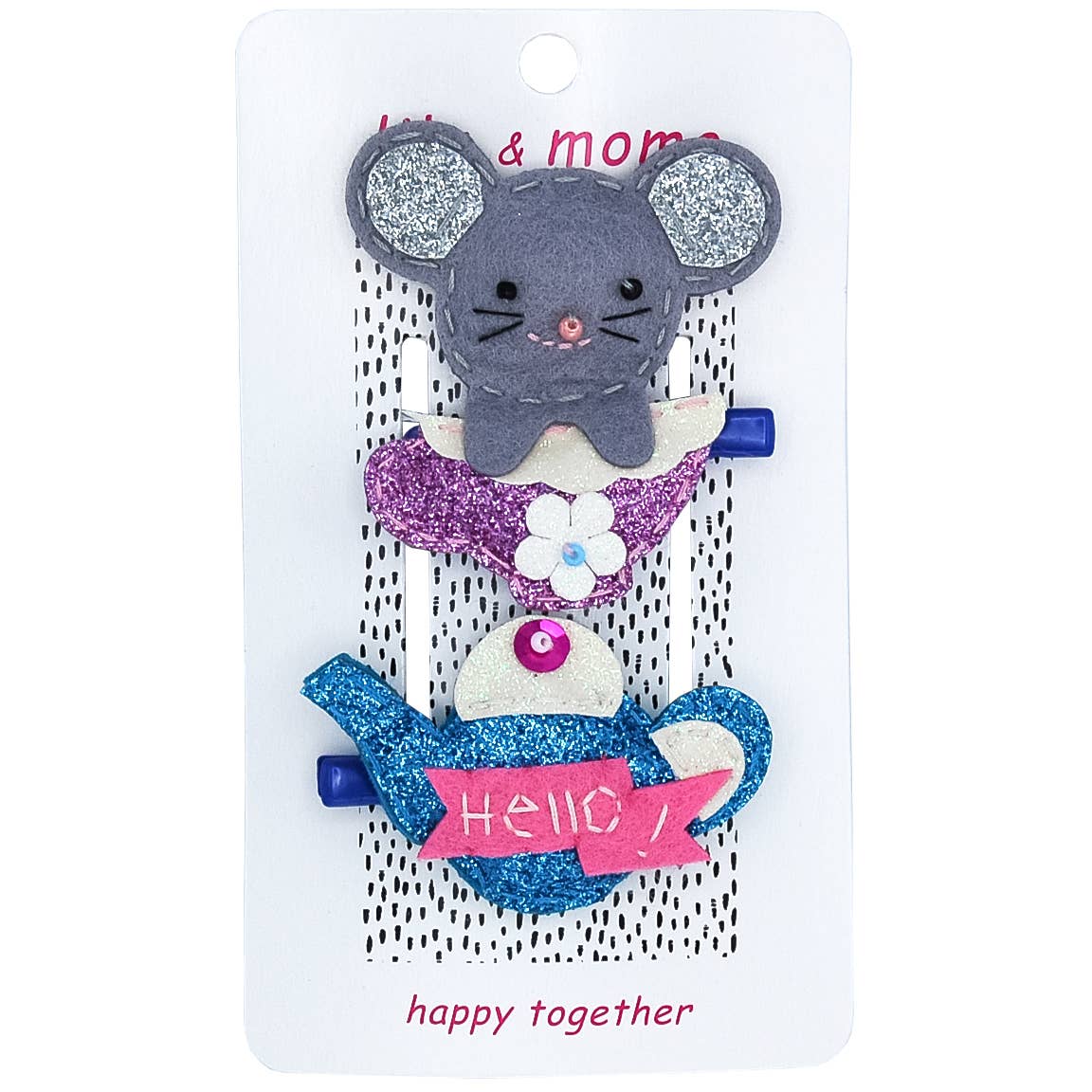 Cute Mouse & Teapot Hair Clips- Grey and Aqua