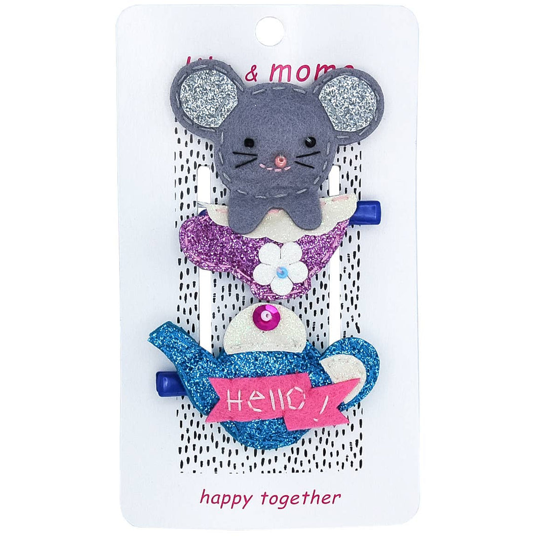 Cute Mouse & Teapot Hair Clips- Grey and Aqua