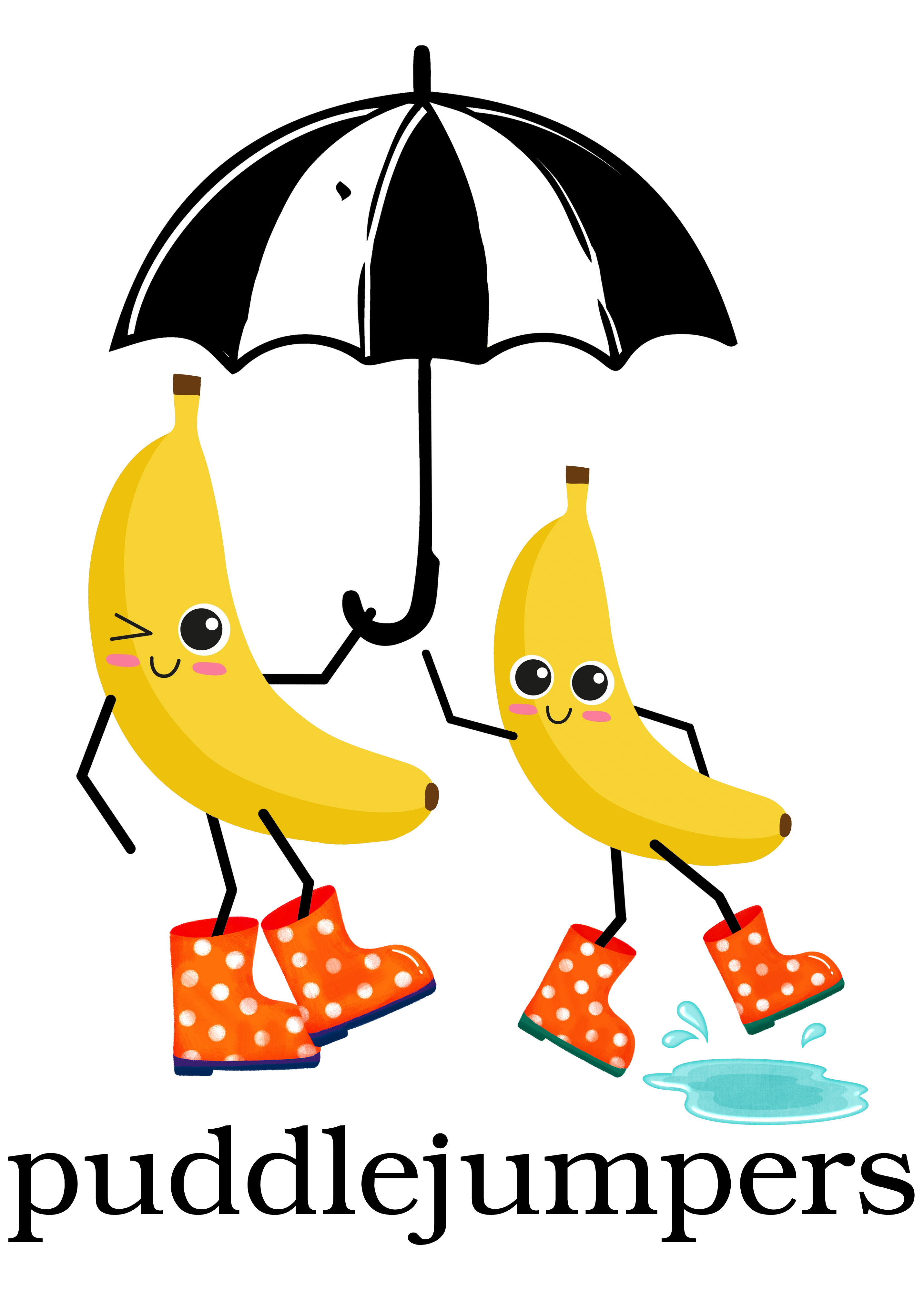 Giftcard with two smiling bannanas under a black and white umbrella with text that reads "puddlejumpers" underneath.